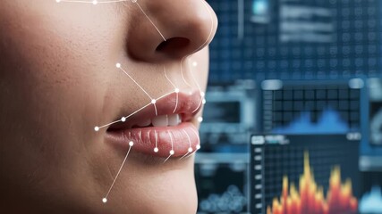 Close-up of a womans face with digital facial recognition overlay, showcasing advanced technology and data analysis in a futuristic interface, emphasizing innovation and precision - Powered by Adobe