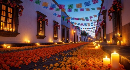 Streets adorned with marigold flowers and candles create a colorful scene for Dia de los Muertos. Colorful papel picado banners flutter overhead, celebrating this meaningful tradition