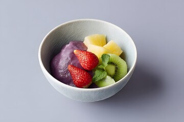 Acai Smoothie Bowl With Fresh Fruits, Healthy Vegan Breakfast, Purple Sweet Potato Puree, Topped With Strawberry And Kiwi, Dessert Bowl On Grey Background, Minimalist Food