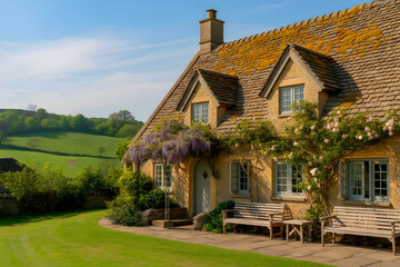 A lovely thatched-roofed country cottage in the springtime in the United Kingdom.