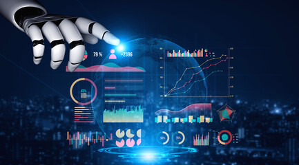 A robotic hand elegantly interacts with vibrant digital data visualizations and holographic charts, set against a futuristic city skyline, showcasing advanced analytics. Impute