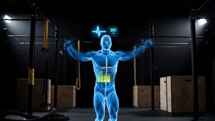 Futuristic blue holographic figure performing push-ups in a gym, showcasing dynamic movement and fitness progression with health metrics displayed in the background