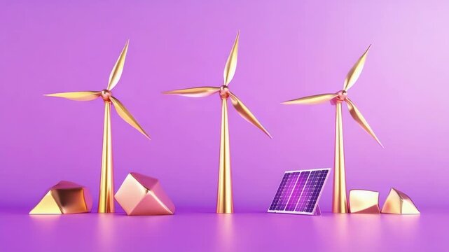 Wind turbines and solar panel. Miniature generators of renewable energy for environmentally conscious lifestyle. Futuristic alternative and sustainable power plants.