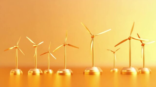 Two golden wind turbine generators stand on sand dunes, desert scenery for renewable energy sources with clean electricity production for sustainable development and environmental protection concept