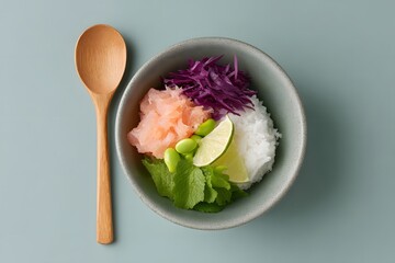 Healthy Poke Bowl With Rice And Vegetables, Asian Inspired Salad Bowl, Fresh Meal With Edamame And Lime, Top Down View, Clean Eating Concept, Minimalist Flat Lay With Wooden Spoon