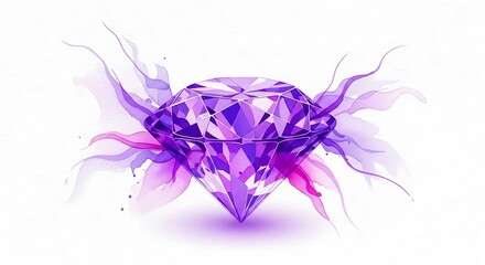 Luxurious purple diamond with abstract ethereal wisps on white background.