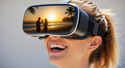Woman in virtual reality headset with man giving woman red heart on beach at sunset. Concept of virtual dating and metaverse interaction.