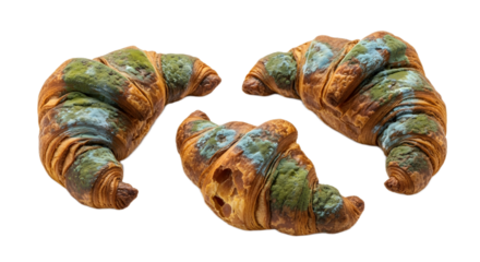 Three moldy croissants with green and blue fungus growing on them, isolated against a plain white background.