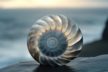 A captivating nautilus shell cross-section showcases its intricate logarithmic spiral pattern, beautifully lit on a dark rock by the ocean.