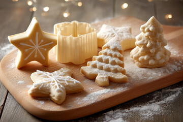 A collection of generic Christmas cookie cutters (star, tree, bell) neatly arranged on a flour-dusted wooden board.