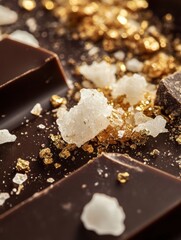 Gourmet dark chocolate with sea salt and edible gold flakes creating an elegant dessert decoration