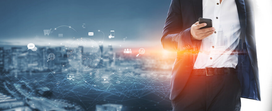 Visualization of global digital communication and online across multiple platforms, including global network, digital network, communication network, and online network. Vouch - Powered by Adobe