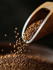 Brown seeds are being poured from a wooden scoop into a rustic bowl on a dark background for cooking and seasoning purposes
