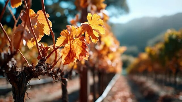 Close up of bright orange grape leaves on a vine in a vineyard. Autumn fall foliage for harvest season concepts.
