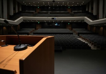 Empty modern auditorium with a wooden podium and microphone on stage. Concept of public speaking, conference, or presentation.