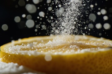 Fresh lemon slice with sugar being sprinkled over it in a close-up shot on a dark background