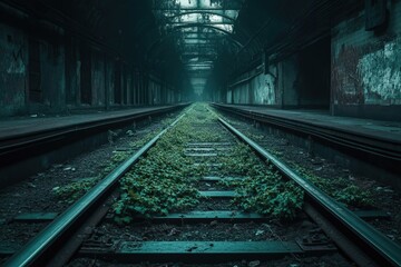 Overgrown train tracks wind through a dark, abandoned subway tunnel, hinting at a desolate, post-apocalyptic world reclaimed by nature.