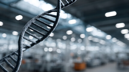 DNA strand in a blurred industrial setting
