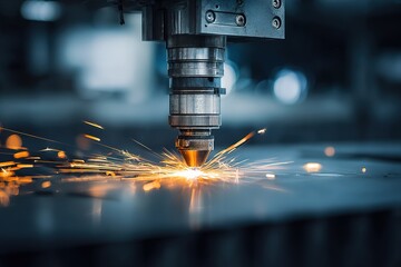 Laser cutting machine in action creating sparks in a workshop environment during daylight hours