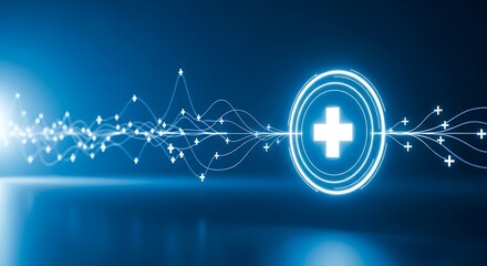 Digital health technology with glowing plus sign and waveform