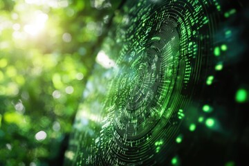 Glowing green digital circuits overlay a lush, sunlit natural forest background, symbolizing the integration of technology with nature and environmental data.