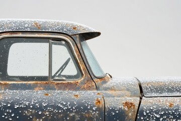 Weathered, rusty vintage truck covered in countless ice pellets, showcasing a classic design against a simple, bright sky background.