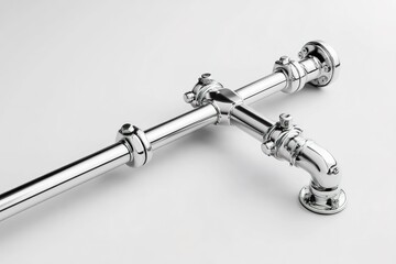 Metallic piping system displayed on a white surface showcases intricate design and craftsmanship