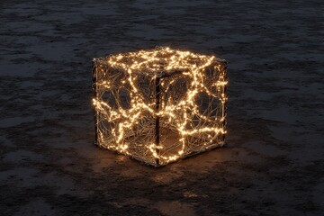 Decorative glowing cube made of twinkling lights resting on a dark surface at night