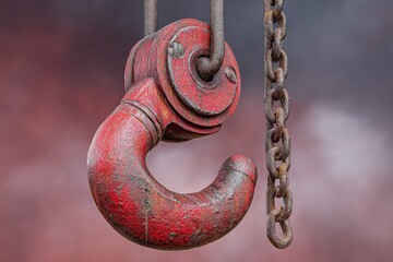 Heavy duty red crane hook suspended against a dramatic backdrop of dark colors