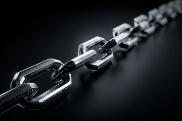 Metal chain link on a dark surface reflecting light in a close-up view, showing its strength and construction details