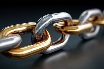 Fototapeta premium Close-up of interlocking metallic chain links showcasing silver and gold colors in a dramatic lighting setting