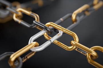 Fototapeta premium Modern metallic chain links with gold, silver, and black colors create a striking visual contrast against a dark background