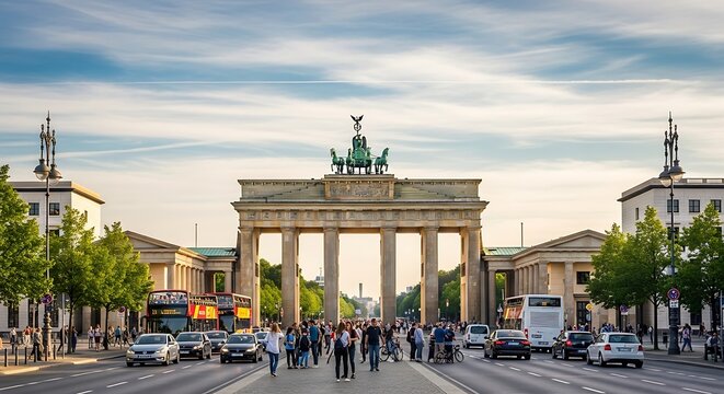 Brandenburg Gate in Berlin, Germany with people and cars on a cloudy day.