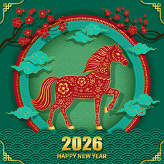 Vibrant Year of the Horse 2026 Chinese New Year Illustration with Floral Horse and Festive Elements