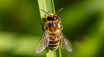 Closeup of a bee on a green blade of grass