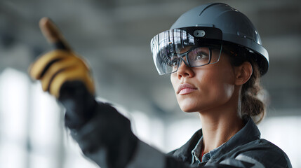Woman using augmented reality glasses in a modern industrial setting.
