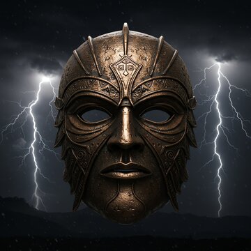 Ancient Mask Guardian of Storms Warrior Bronze Power Epic Fantasy