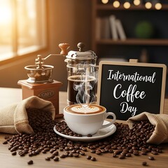 International coffee day celebration with coffee beans and latte art
