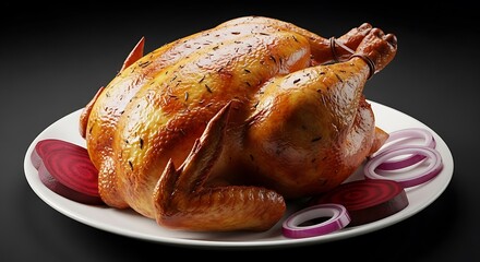 Whole roasted chicken with herbs and spices on a plate
