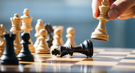 Chess game with a winning move and fallen opponent