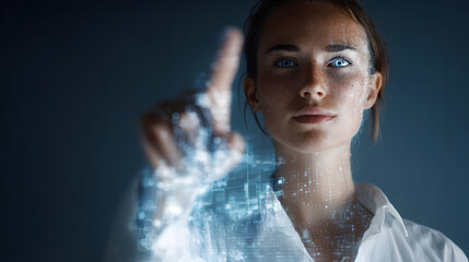 Woman interacting with futuristic digital interface