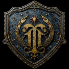 Ornate, weathered shield with stylized letter "M" flanked by wings and stars, set against black