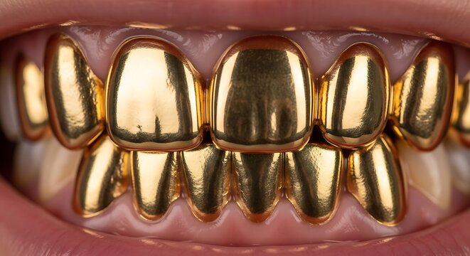 Close up of a persons mouth showing off shiny gold teeth grills.