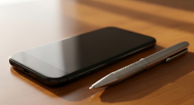 A black smartphone and a silver pen lying on a wooden surface in soft light creating a calm atmosphere - Powered by Adobe