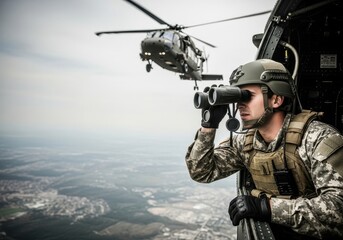 Soldier in military helicopter observing with binoculars, another helicopter flying close in formation. Aerial surveillance and tactical operation concept.