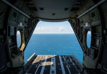 Fototapeta premium View from inside military helicopter cargo bay looking out over the vast expanse of blue ocean. Military transport concept.