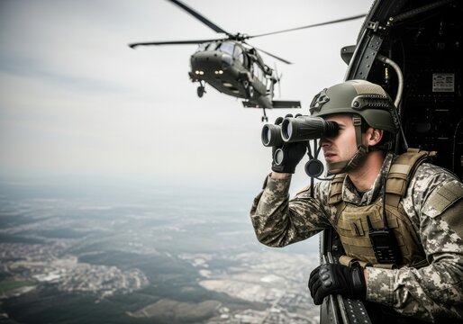 Soldier in military helicopter observing with binoculars, another helicopter flying close in formation. Aerial surveillance and tactical operation concept. - Powered by Adobe
