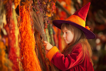 Halloween background with a young witch chooses a flying broom in the store. 