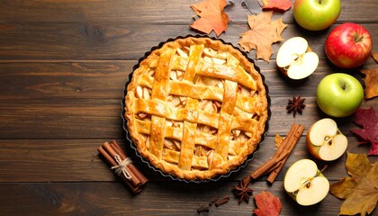 Delicious Apple Pie with Cinnamon and Fresh Apples on Wooden Table