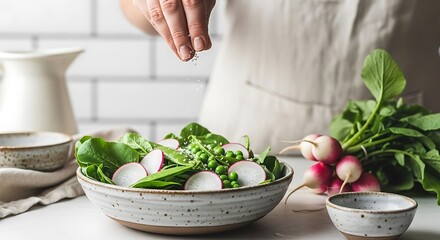 Person adding seasoning to a fresh salad with radishes